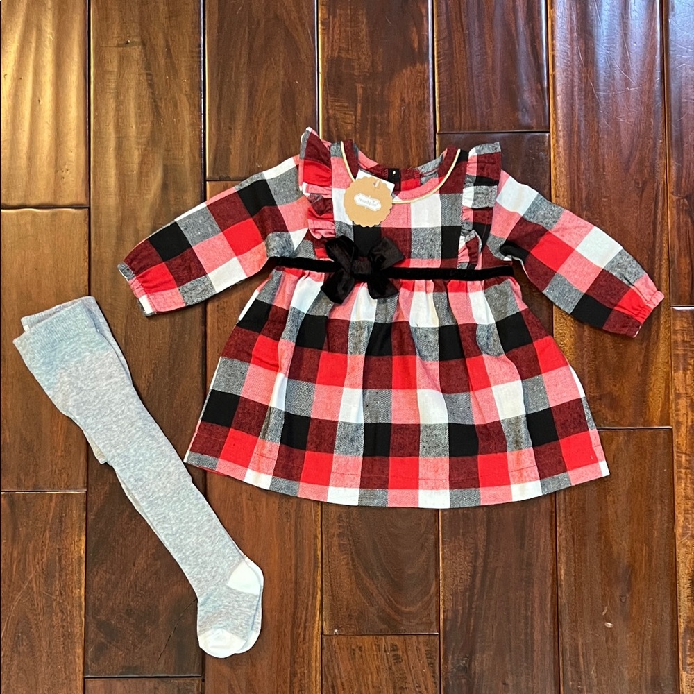 Mud Pie Red and Black Plaid Dress with Tights